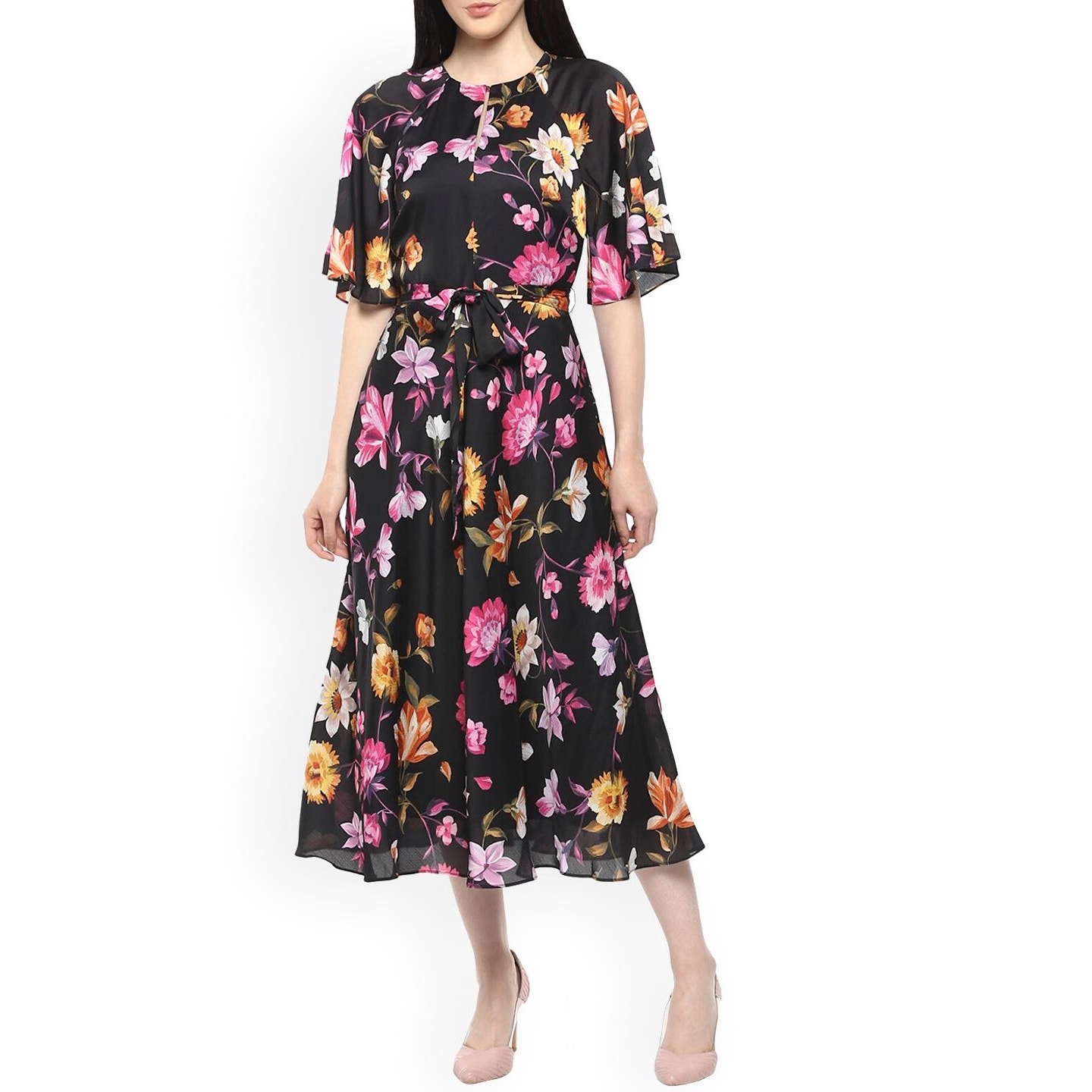 Ted Baker London Sz 4 "Ossiee" Rhubarb Print Tea Dress Black Colorful Floral
